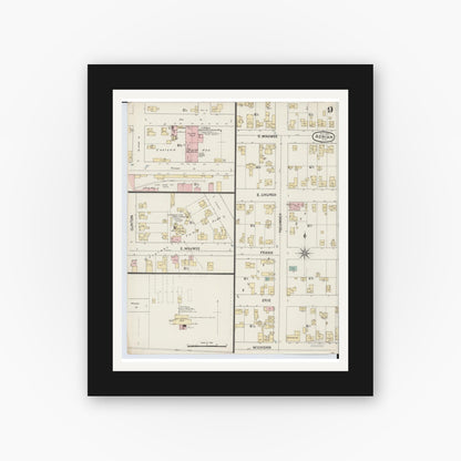 Old map wall art mockup — black gallery frame with white mat — Sanborn Fire Insurance Map from Adrian, Lenawee County, Michigan (1888), Sheet #0009