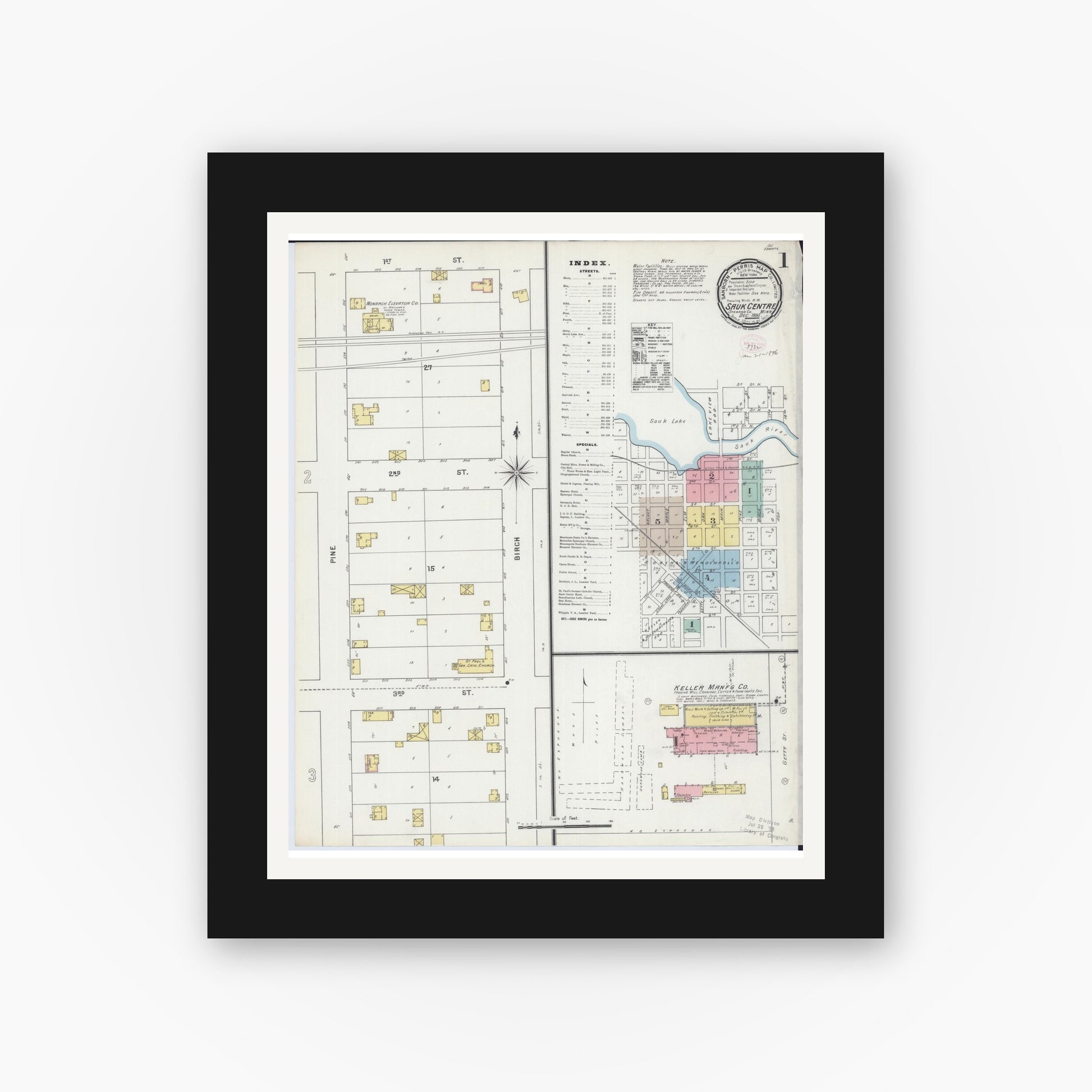 Old map wall art mockup — black gallery frame with white mat — Sanborn Fire Insurance Map from Sauk Centre, Stearns County, Minnesota (1895) - Complete Map Set
