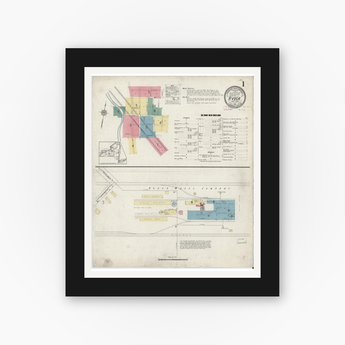 Old map wall art mockup — black gallery frame with white mat — Sanborn Fire Insurance Map from Avoca, Steuben County, New York (1913) - Complete Map Set
