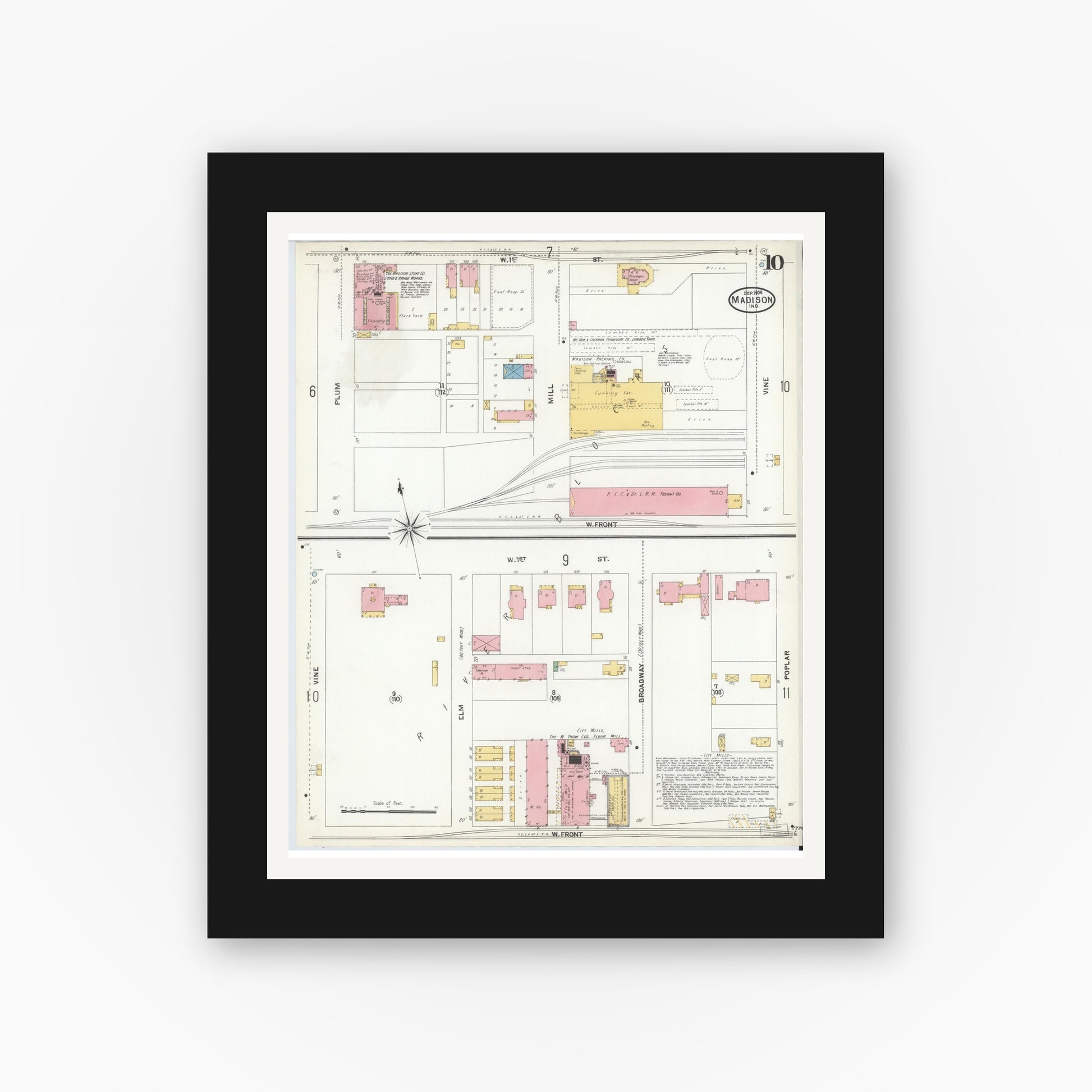Old map wall art mockup — black gallery frame with white mat — Sanborn Fire Insurance Map from Madison, Jefferson County, Indiana (1904), Sheet #0010