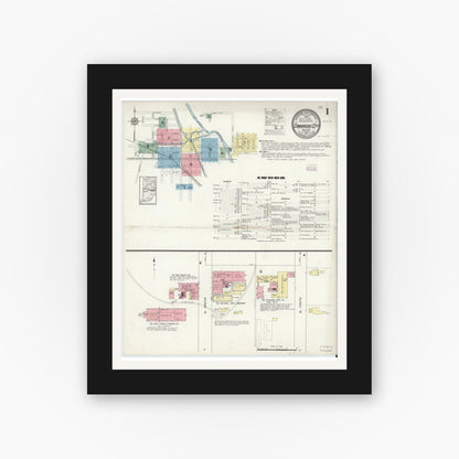 Old map wall art mockup — black gallery frame with white mat — Sanborn Fire Insurance Map from Cambridge City, Wayne County, Indiana (1913) - Complete Map Set