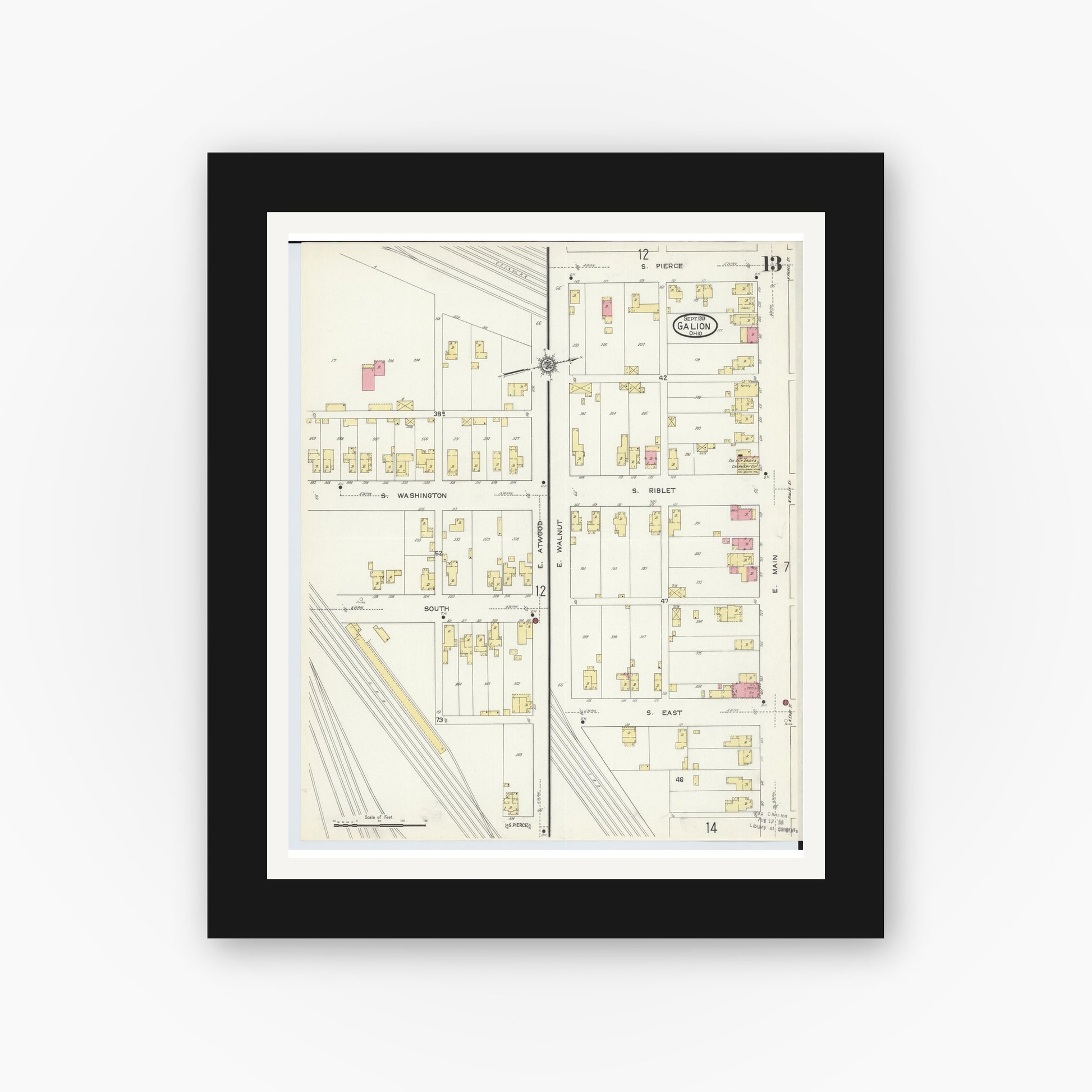 Old map wall art mockup — black gallery frame with white mat — Sanborn Fire Insurance Map from Galion, Crawford County, Ohio (1913), Sheet #0013