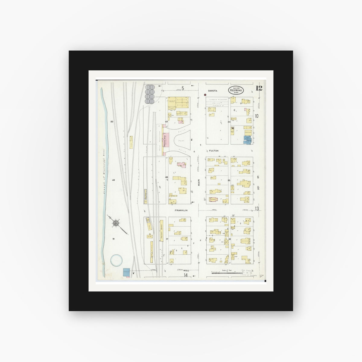 Old map wall art mockup — black gallery frame with white mat — Sanborn Fire Insurance Map from Red Wing, Goodhue County, Minnesota (1910), Sheet #0012