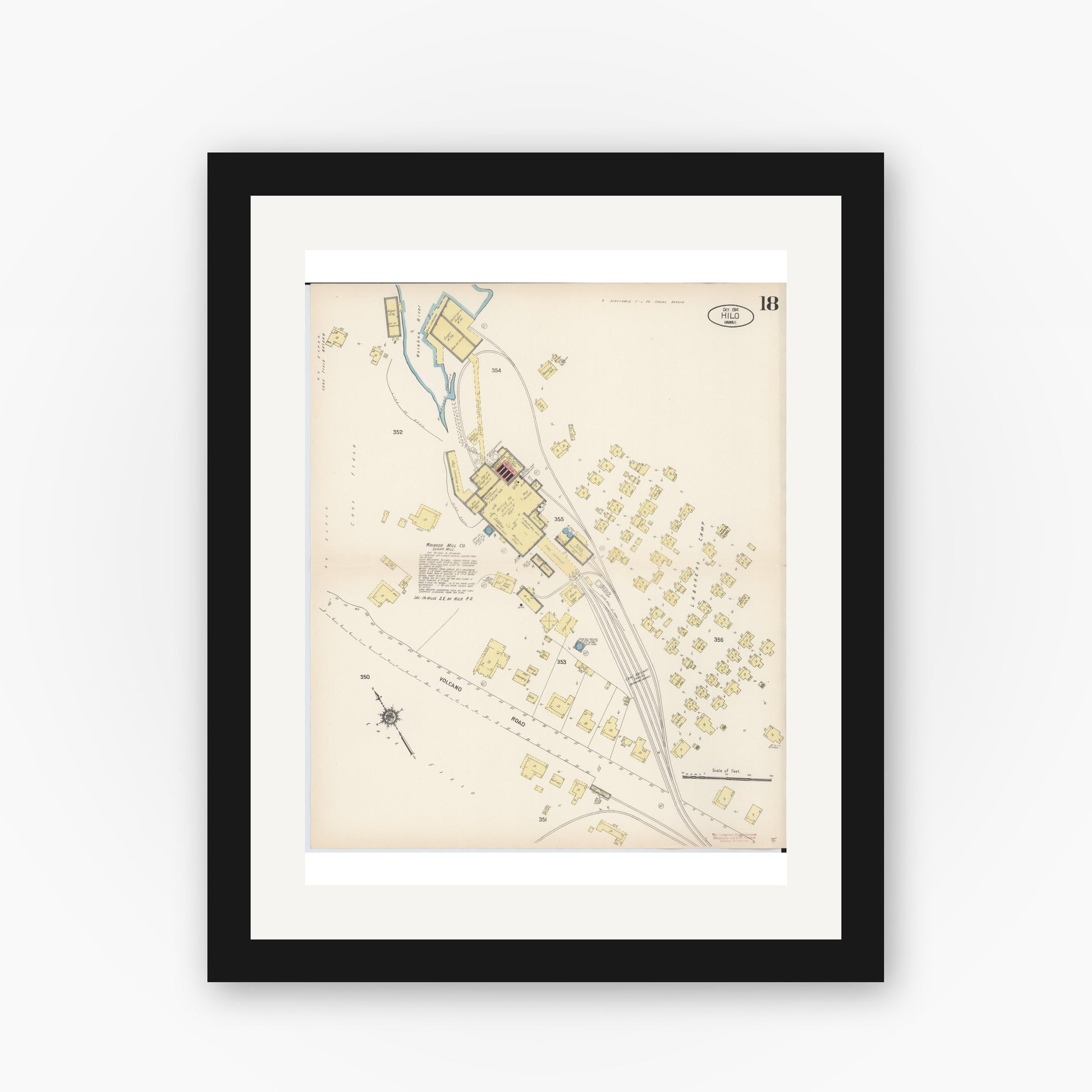 Old map wall art mockup — black gallery frame with white mat — Sanborn Fire Insurance Map from Hilo, Hawaii County, Hawaii (1914), Sheet #0018