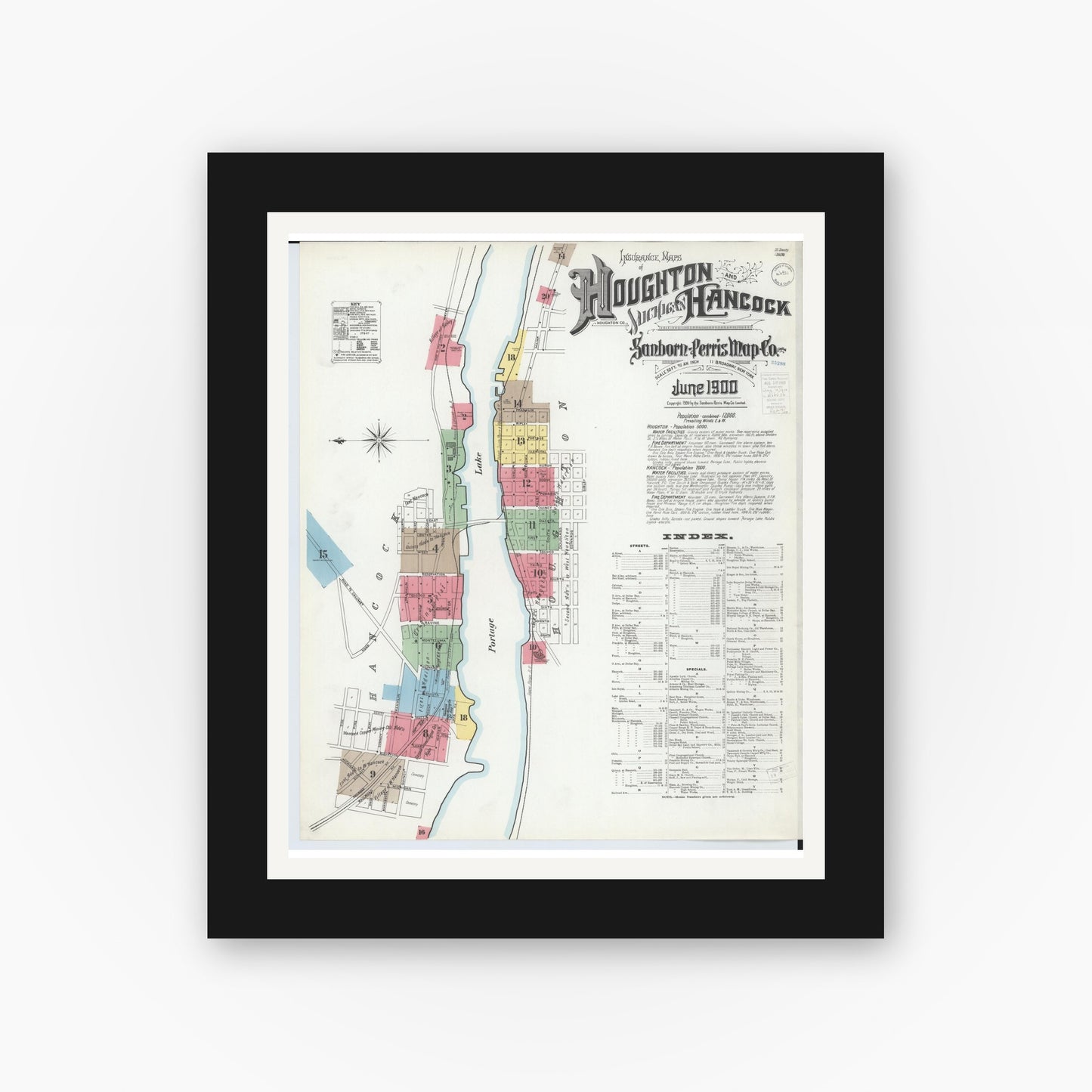 Old map wall art mockup — black gallery frame with white mat — Sanborn Fire Insurance Map from Houghton, Houghton County, Michigan (1900) - Complete Map Set