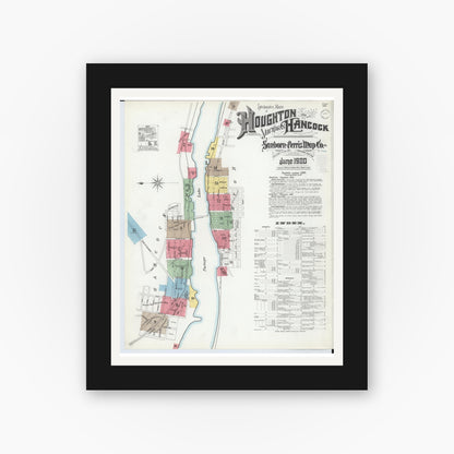 Old map wall art mockup — black gallery frame with white mat — Sanborn Fire Insurance Map from Houghton, Houghton County, Michigan (1900) - Complete Map Set