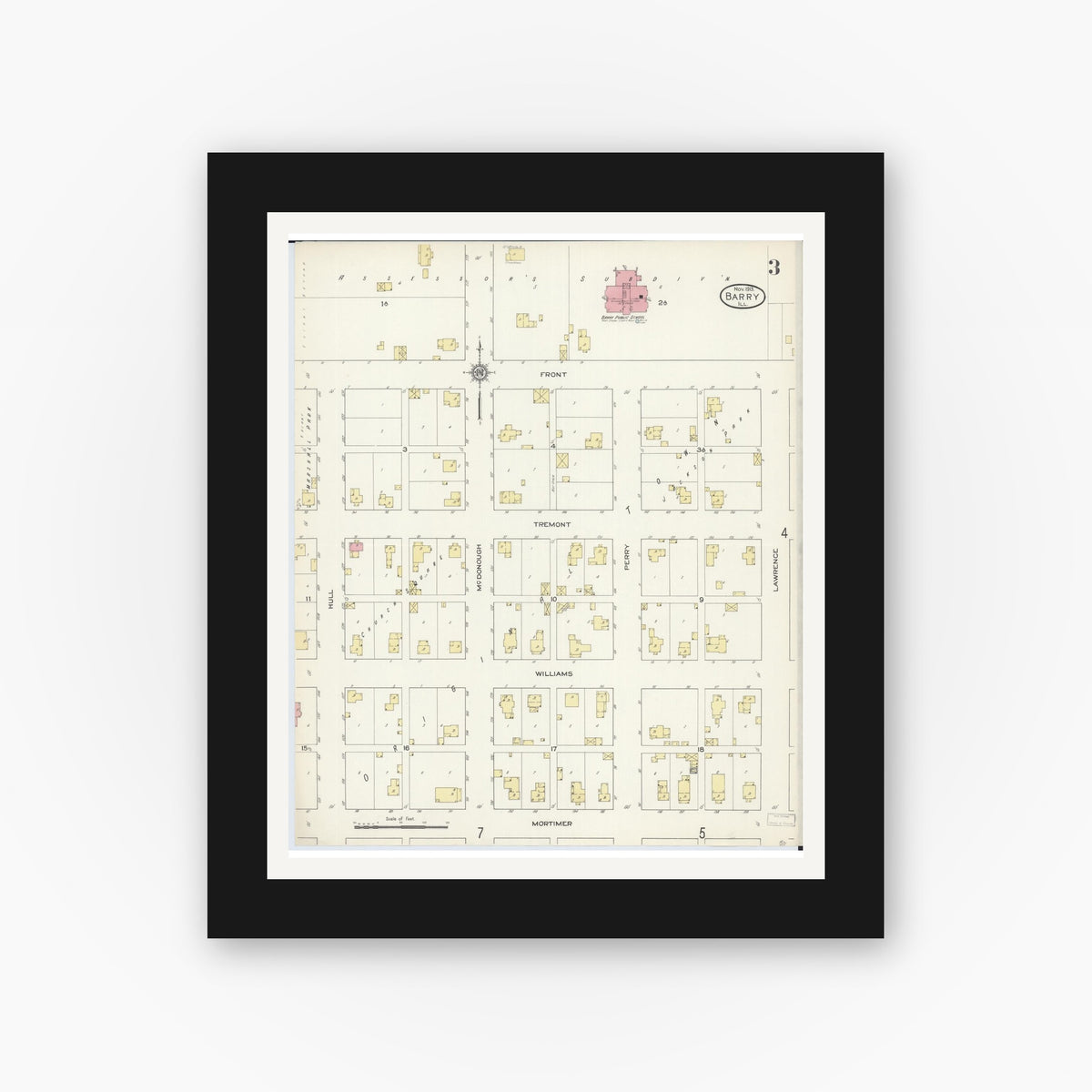 Old map wall art mockup — black gallery frame with white mat — Sanborn Fire Insurance Map from Barry, Pike County, Illinois (1913), Sheet #0003