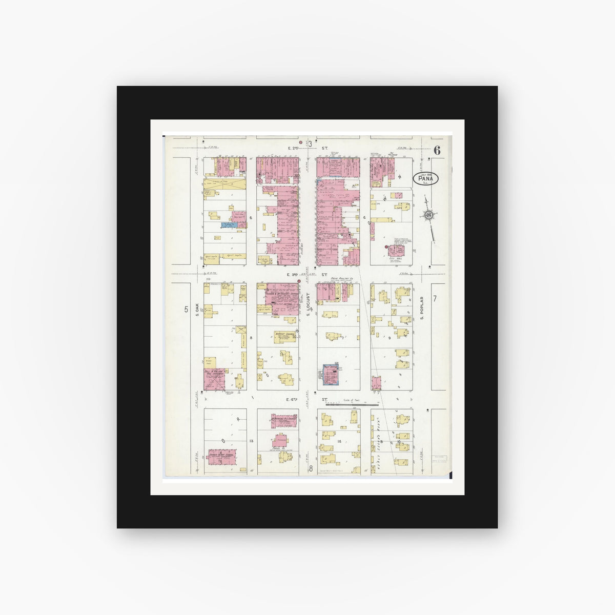 Old map wall art mockup — black gallery frame with white mat — Sanborn Fire Insurance Map from Pana, Christian County, Illinois (1916), Sheet #0006