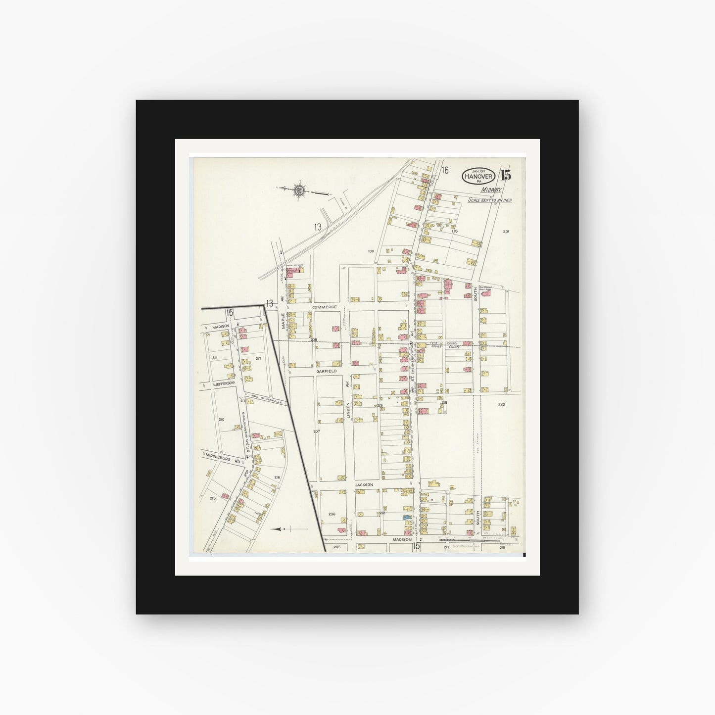 Old map wall art mockup — black gallery frame with white mat — Sanborn Fire Insurance Map from Hanover, York County, Pennsylvania (1917), Sheet #0015