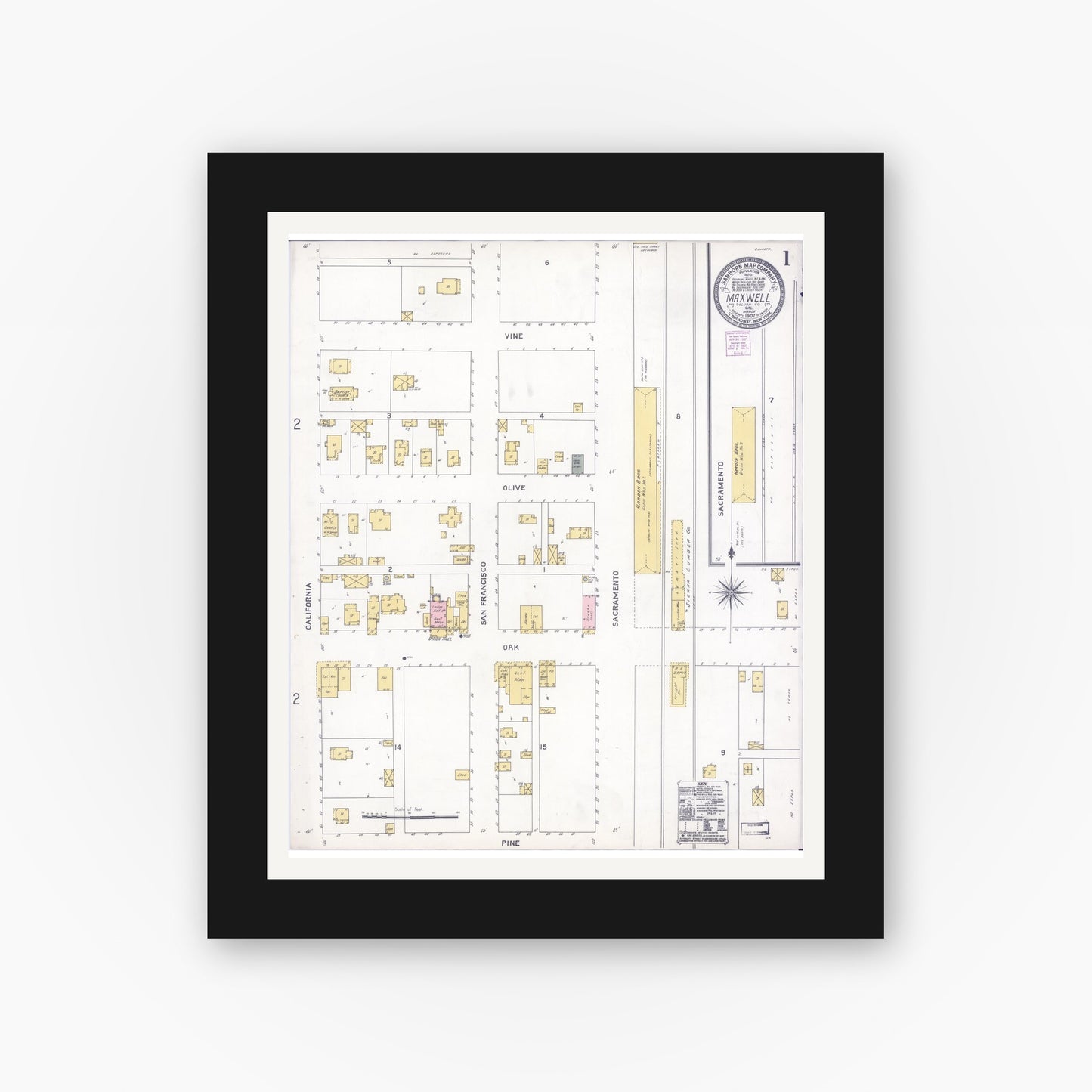 Old map wall art mockup — black gallery frame with white mat — Sanborn Fire Insurance Map from Maxwell, Colusa County, California (1907) - Complete Map Set