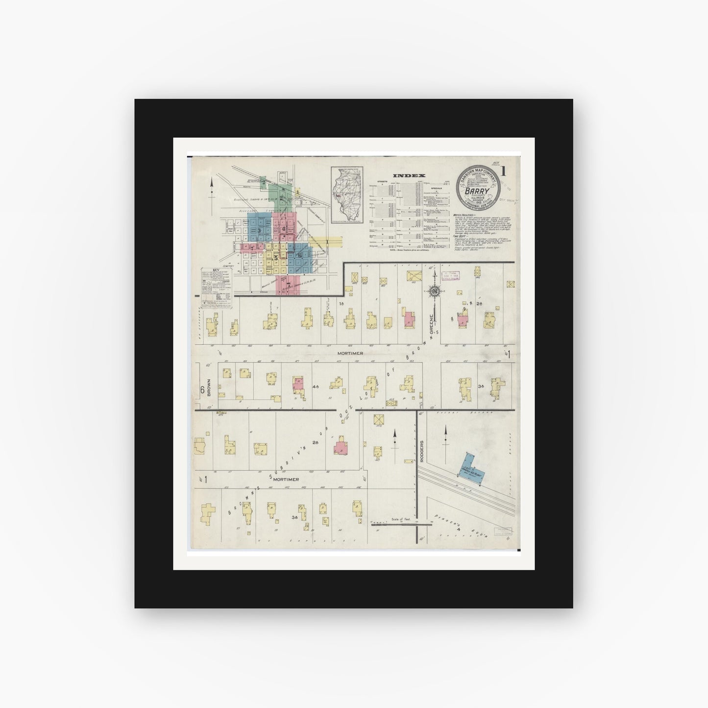 Old map wall art mockup — black gallery frame with white mat — Sanborn Fire Insurance Map from Barry, Pike County, Illinois (1913) - Complete Map Set
