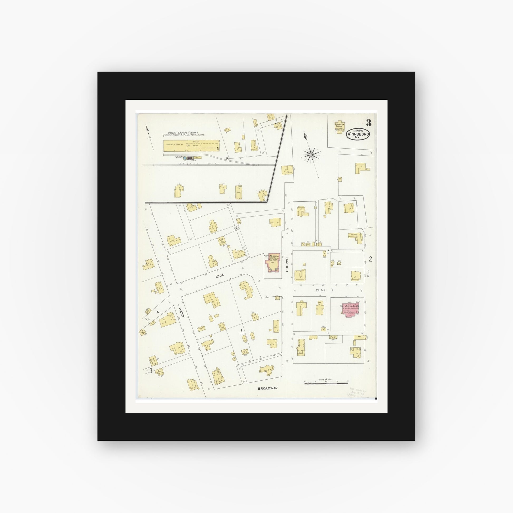 Old map wall art mockup — black gallery frame with white mat — Sanborn Fire Insurance Map from Winnsboro, Wood County, Texas (1909), Sheet #0003