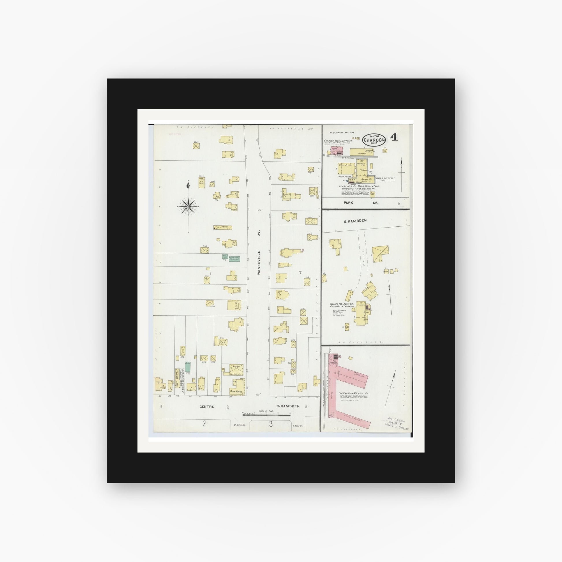 Old map wall art mockup — black gallery frame with white mat — Sanborn Fire Insurance Map from Chardon, Geauga County, Ohio (1904), Sheet #0004