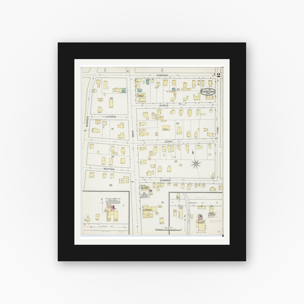Old map wall art mockup — black gallery frame with white mat — Sanborn Fire Insurance Map from Stoneham, Middlesex County, Massachusetts (1892), Sheet #0002
