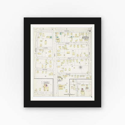 Old map wall art mockup — black gallery frame with white mat — Sanborn Fire Insurance Map from Stoneham, Middlesex County, Massachusetts (1892), Sheet #0002