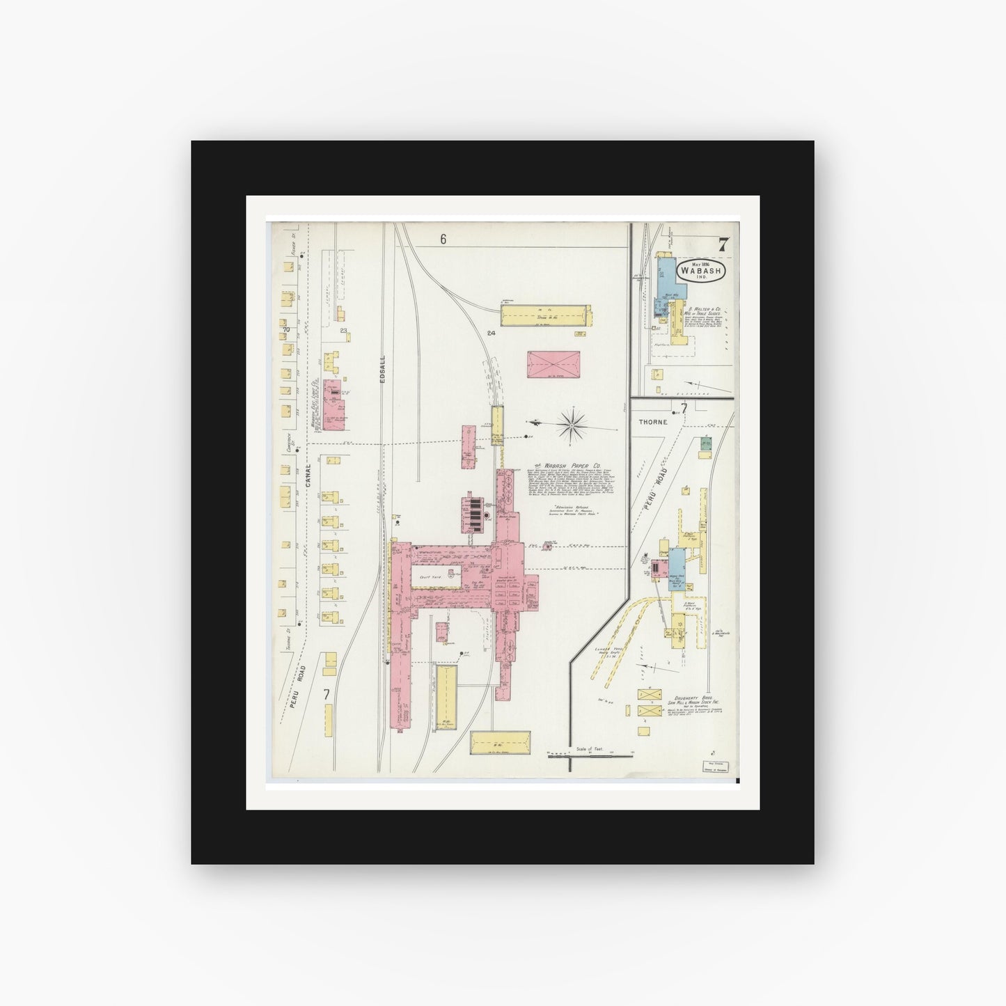 Old map wall art mockup — black gallery frame with white mat — Sanborn Fire Insurance Map from Wabash, Wabash County, Indiana (1896), Sheet #0007