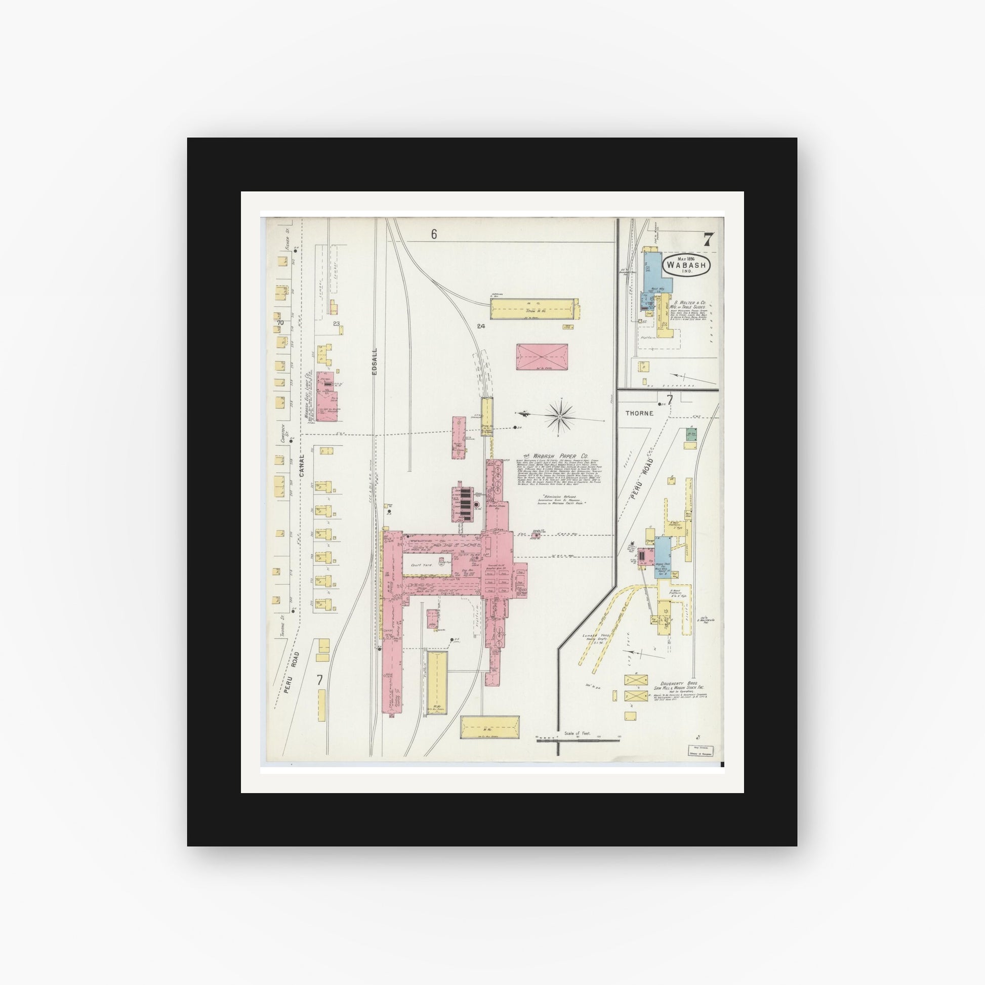 Old map wall art mockup — black gallery frame with white mat — Sanborn Fire Insurance Map from Wabash, Wabash County, Indiana (1896), Sheet #0007
