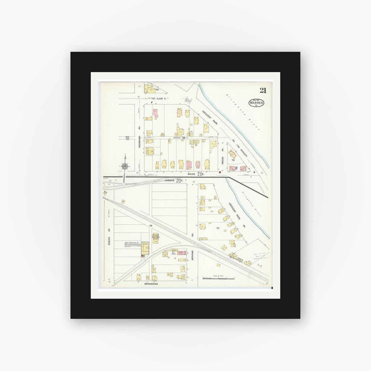 Old map wall art mockup — black gallery frame with white mat — Sanborn Fire Insurance Map from Warren, Warren County, Pennsylvania (1912), Sheet #0021