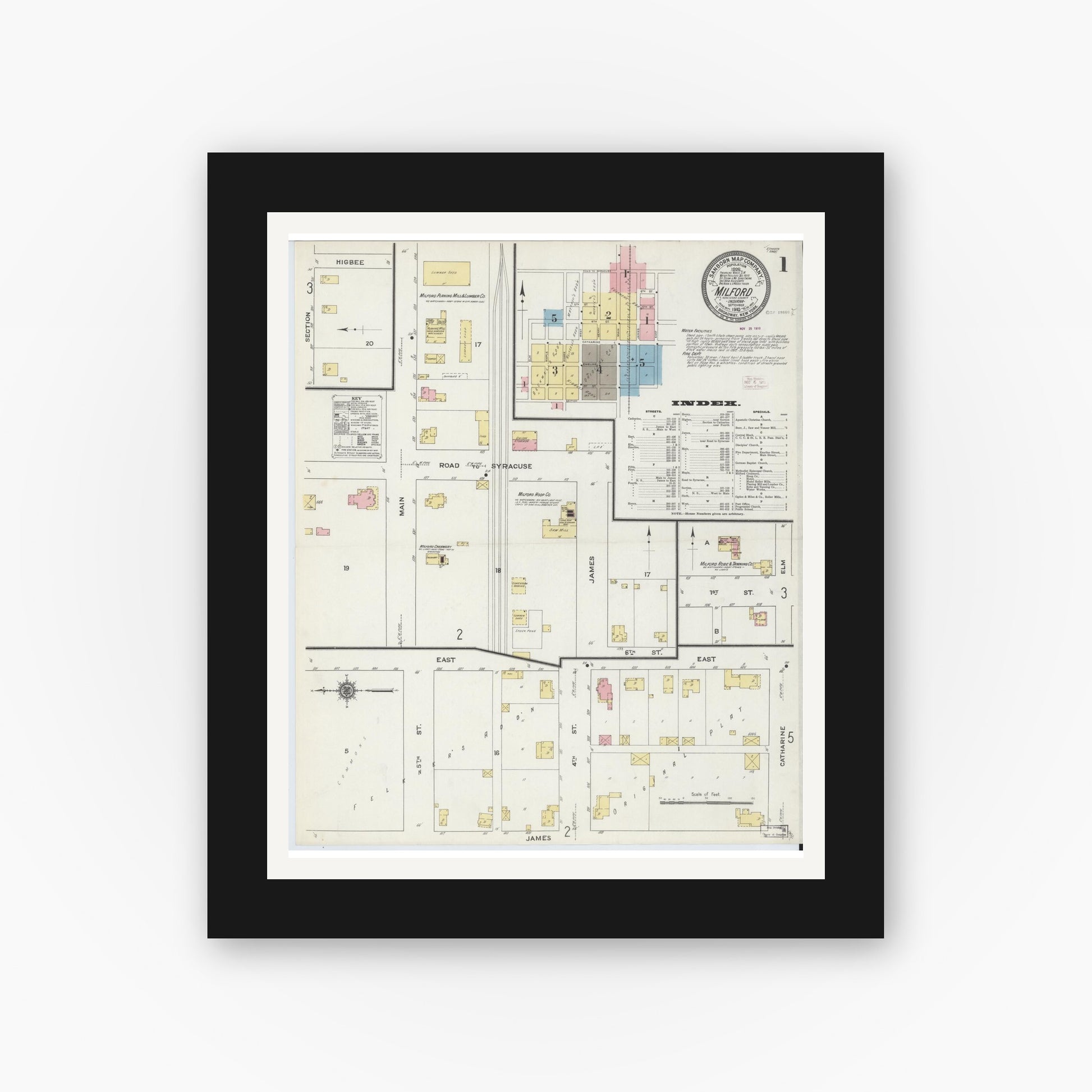 Old map wall art mockup — black gallery frame with white mat — Sanborn Fire Insurance Map from Milford, Kosciusko County, Indiana (1910) - Complete Map Set