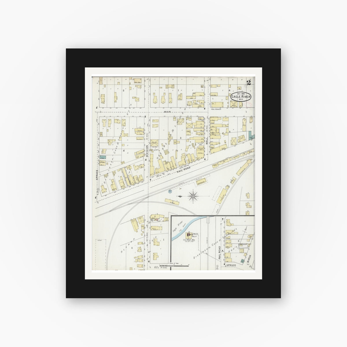 Old map wall art mockup — black gallery frame with white mat — Sanborn Fire Insurance Map from Eagle River, Vilas County, Wisconsin (1894), Sheet #0002