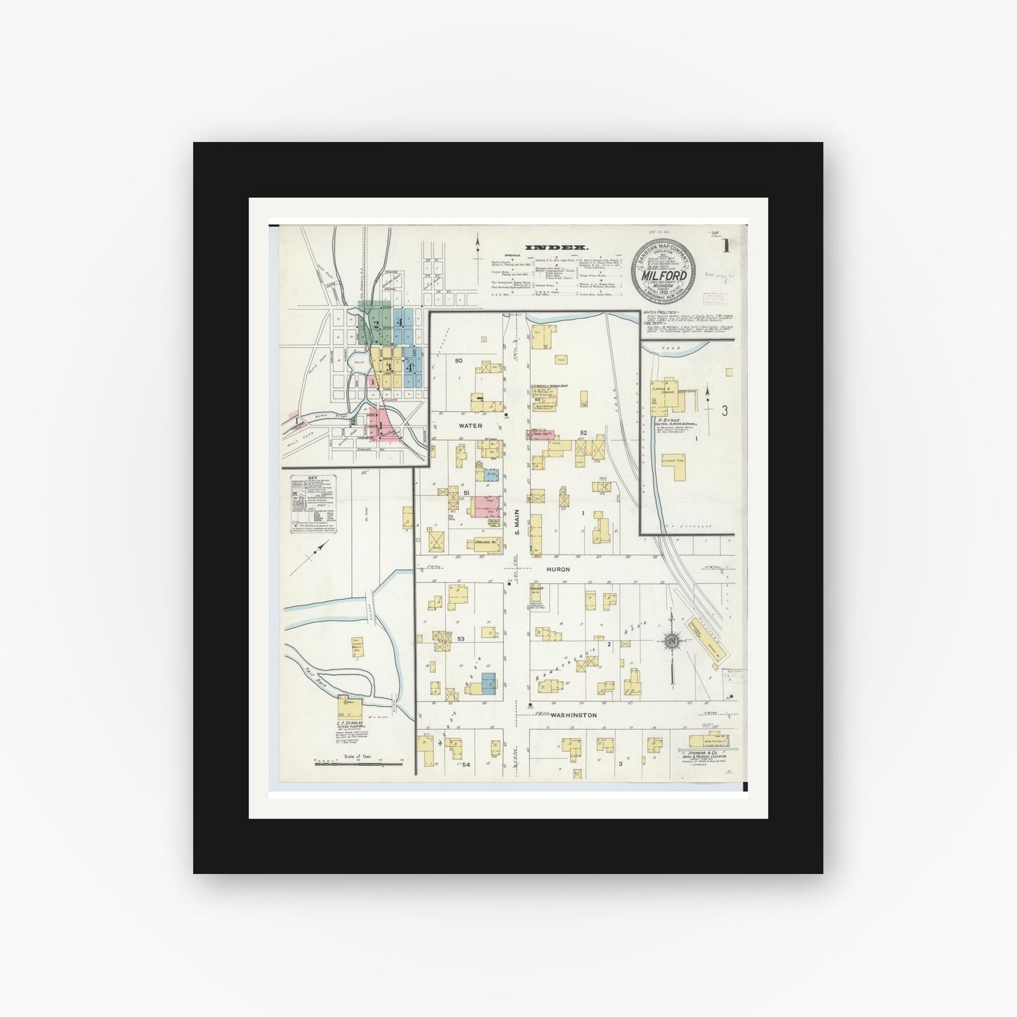 Old map wall art mockup — black gallery frame with white mat — Sanborn Fire Insurance Map from Milford, Oakland County, Michigan (1910) - Complete Map Set