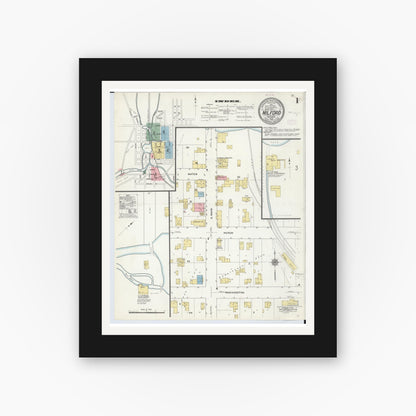 Old map wall art mockup — black gallery frame with white mat — Sanborn Fire Insurance Map from Milford, Oakland County, Michigan (1910) - Complete Map Set