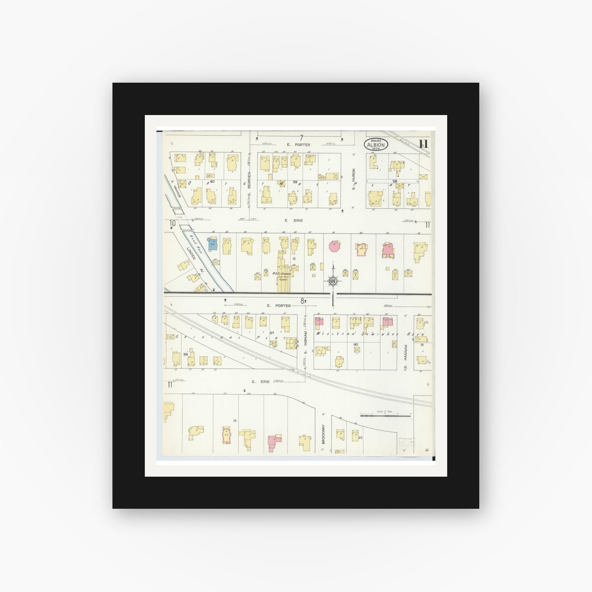Old map wall art mockup — black gallery frame with white mat — Sanborn Fire Insurance Map from Albion, Calhoun County, Michigan (1913), Sheet #0011
