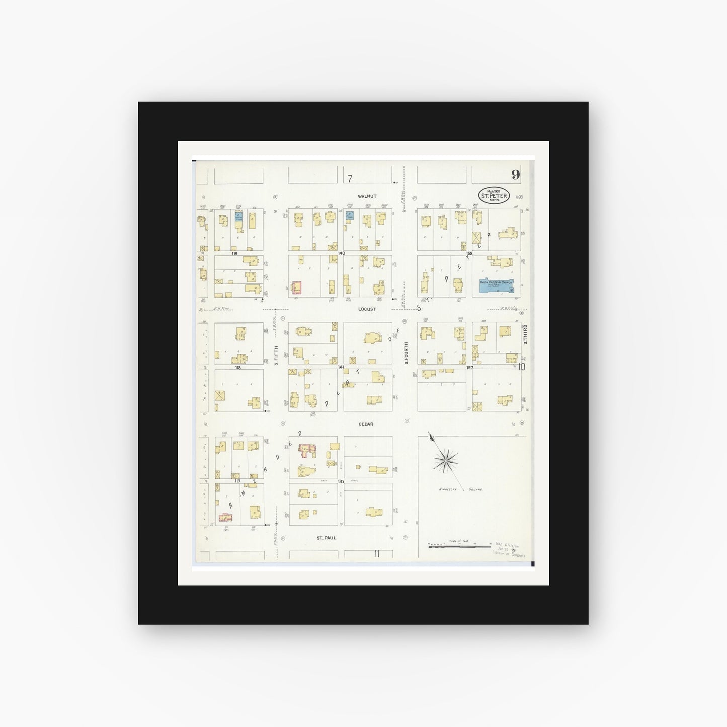 Old map wall art mockup — black gallery frame with white mat — Sanborn Fire Insurance Map from Saint Peter, Nicollet County, Minnesota (1908), Sheet #0009