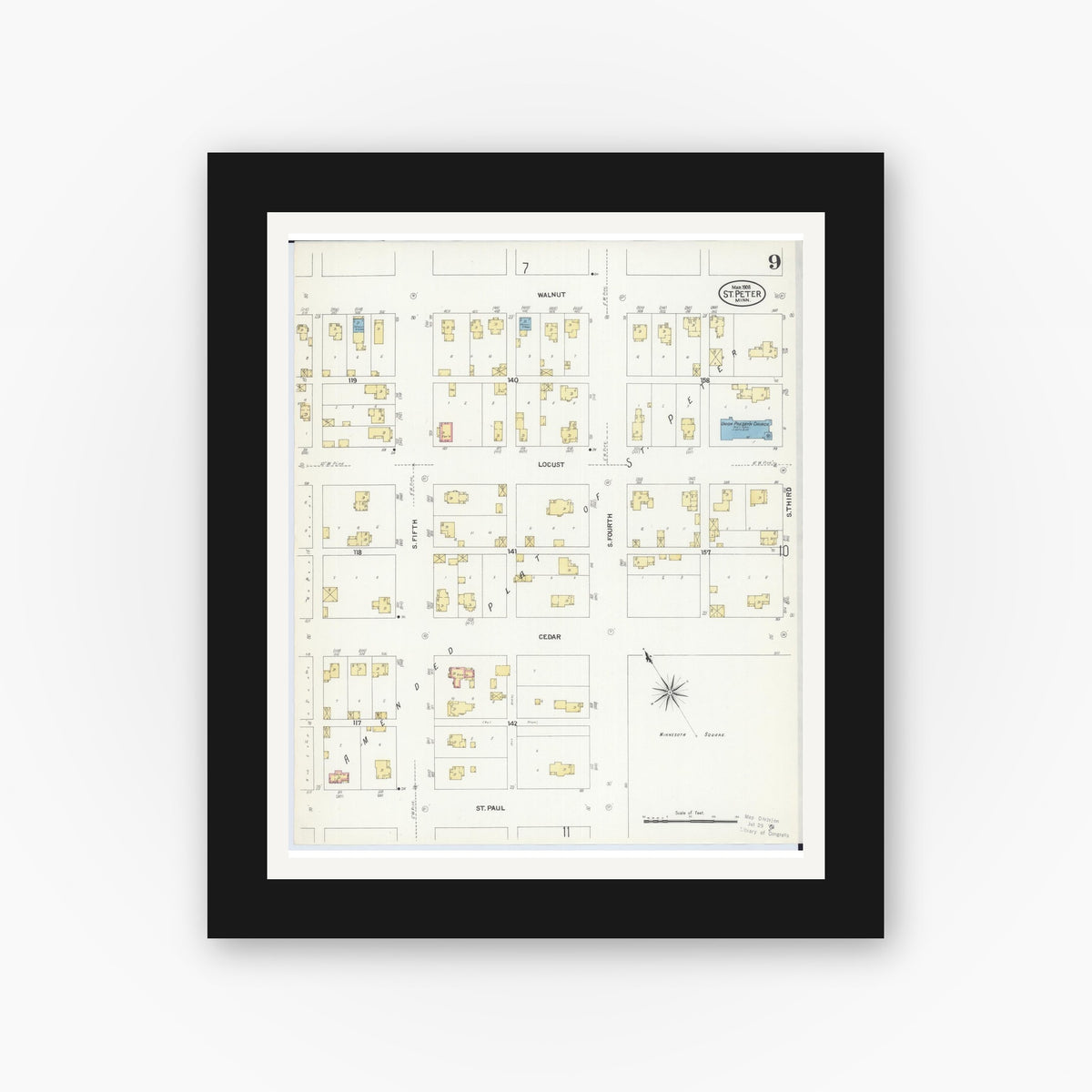 Old map wall art mockup — black gallery frame with white mat — Sanborn Fire Insurance Map from Saint Peter, Nicollet County, Minnesota (1908), Sheet #0009
