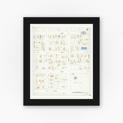 Old map wall art mockup — black gallery frame with white mat — Sanborn Fire Insurance Map from Saint Peter, Nicollet County, Minnesota (1908), Sheet #0009