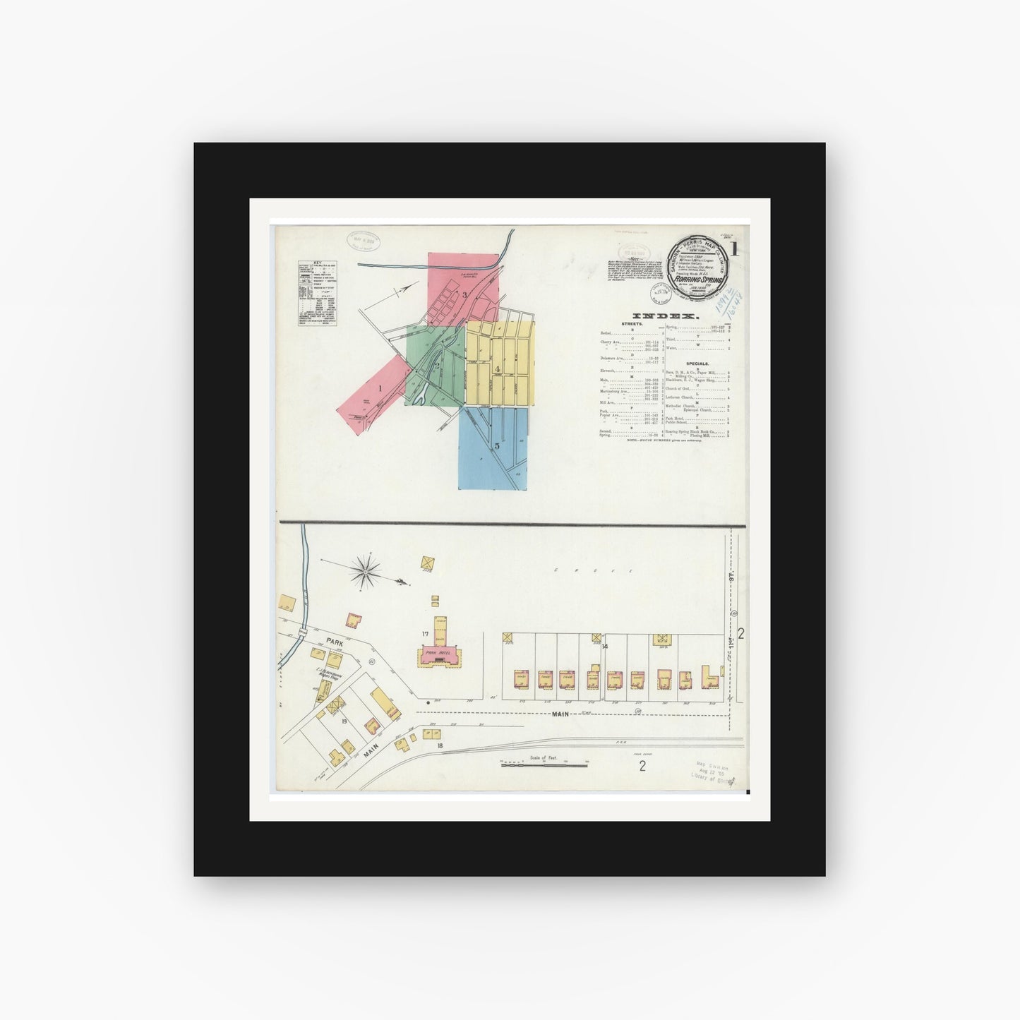 Old map wall art mockup — black gallery frame with white mat — Sanborn Fire Insurance Map from Roaring Spring, Blair County, Pennsylvania (1899), Sheet #0001