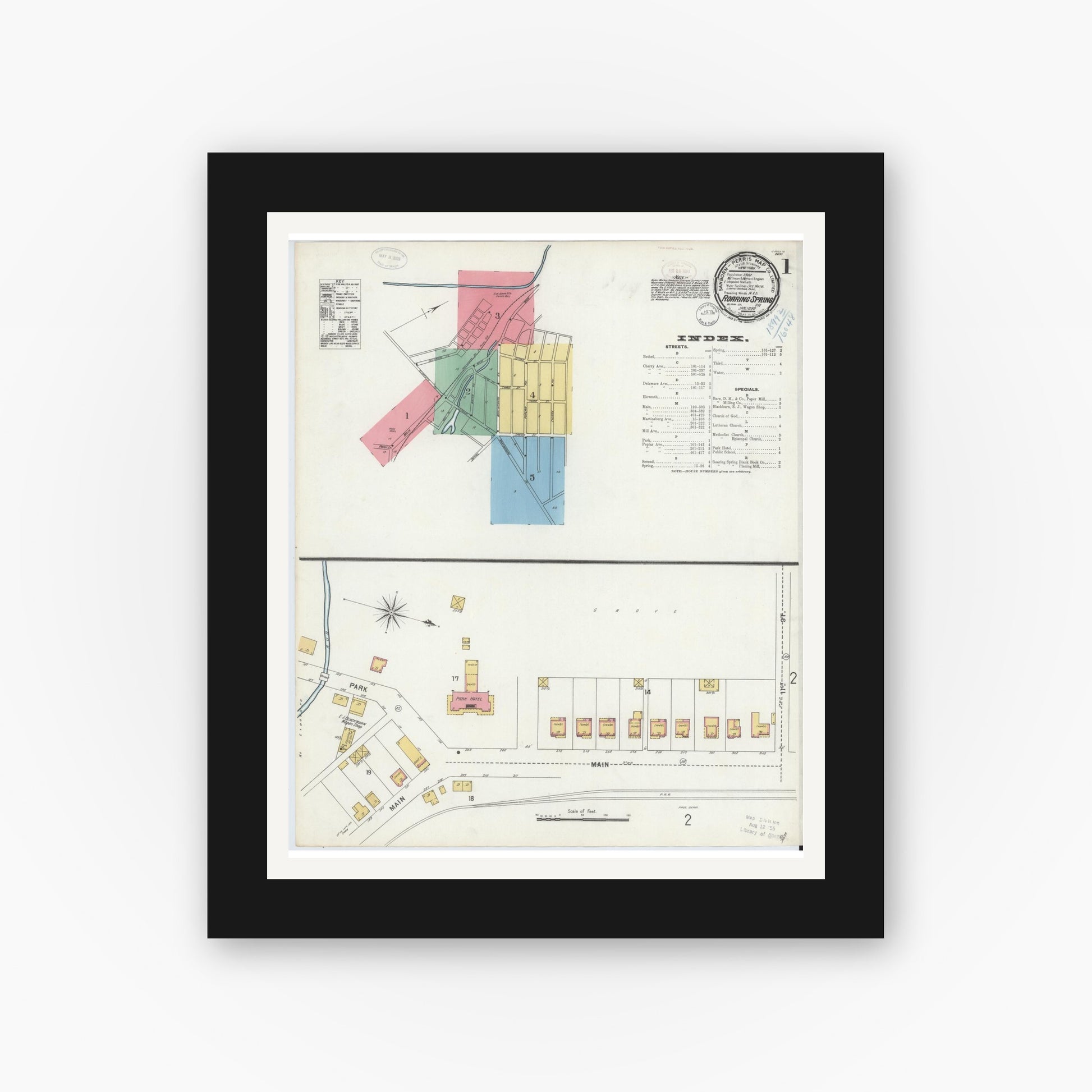 Old map wall art mockup — black gallery frame with white mat — Sanborn Fire Insurance Map from Roaring Spring, Blair County, Pennsylvania (1899), Sheet #0001