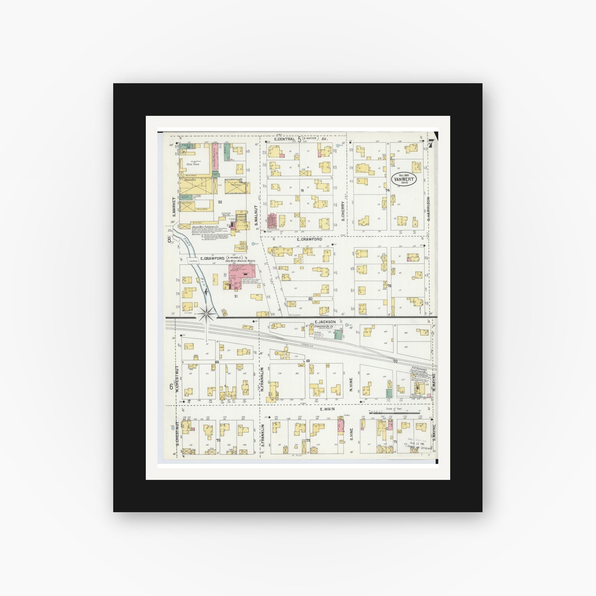 Old map wall art mockup — black gallery frame with white mat — Sanborn Fire Insurance Map from Van Wert, Van Wert County, Ohio (1901), Sheet #0007