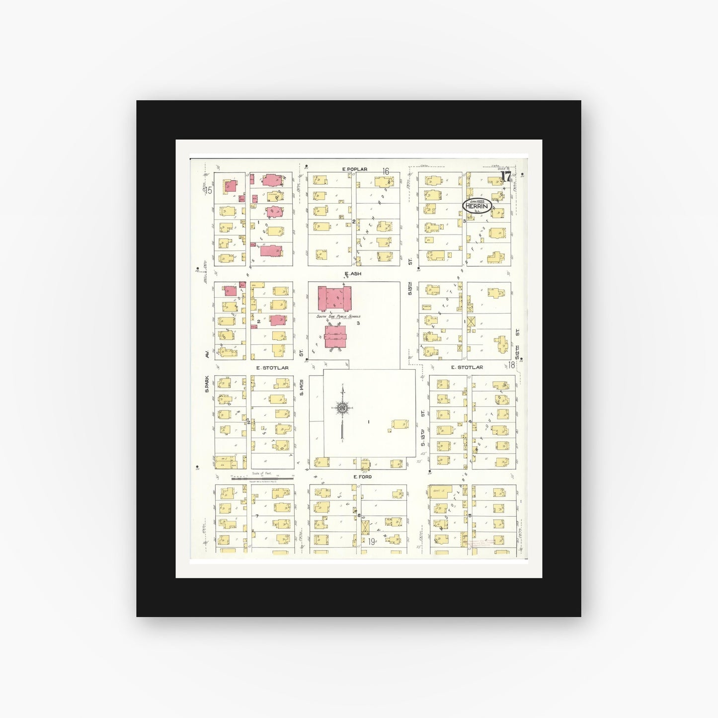 Old map wall art mockup — black gallery frame with white mat — Sanborn Fire Insurance Map from Herrin, Williamson County, Illinois (1922), Sheet #0017