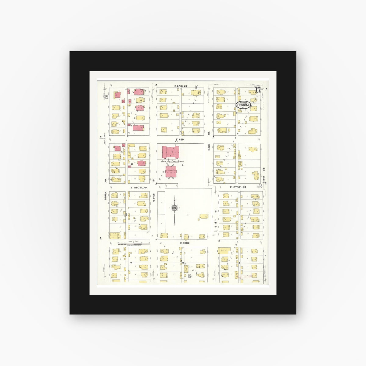 Old map wall art mockup — black gallery frame with white mat — Sanborn Fire Insurance Map from Herrin, Williamson County, Illinois (1922), Sheet #0017