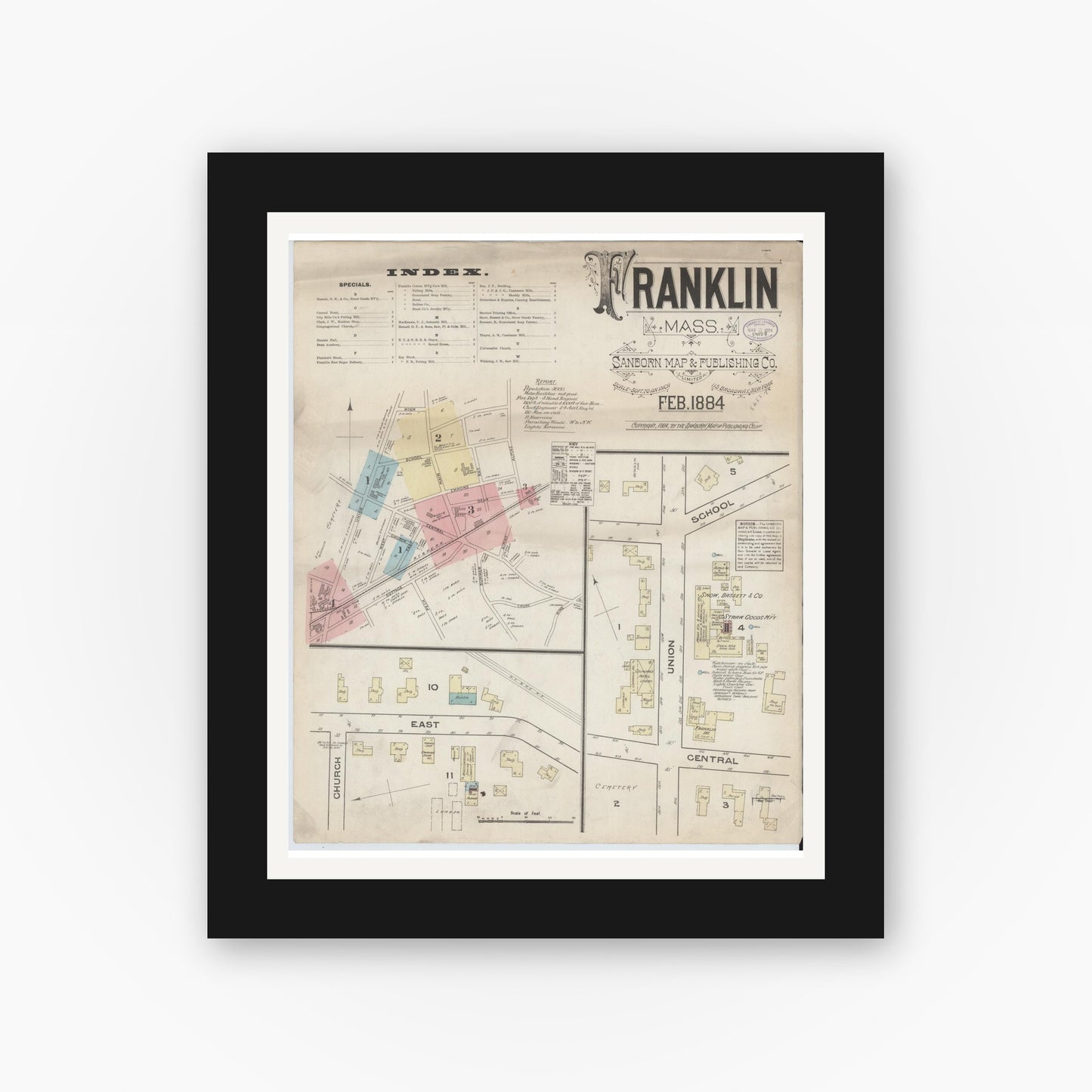 Old map wall art mockup — black gallery frame with white mat — Sanborn Fire Insurance Map from Franklin, Norfolk County, Massachusetts (1884), Sheet #0001