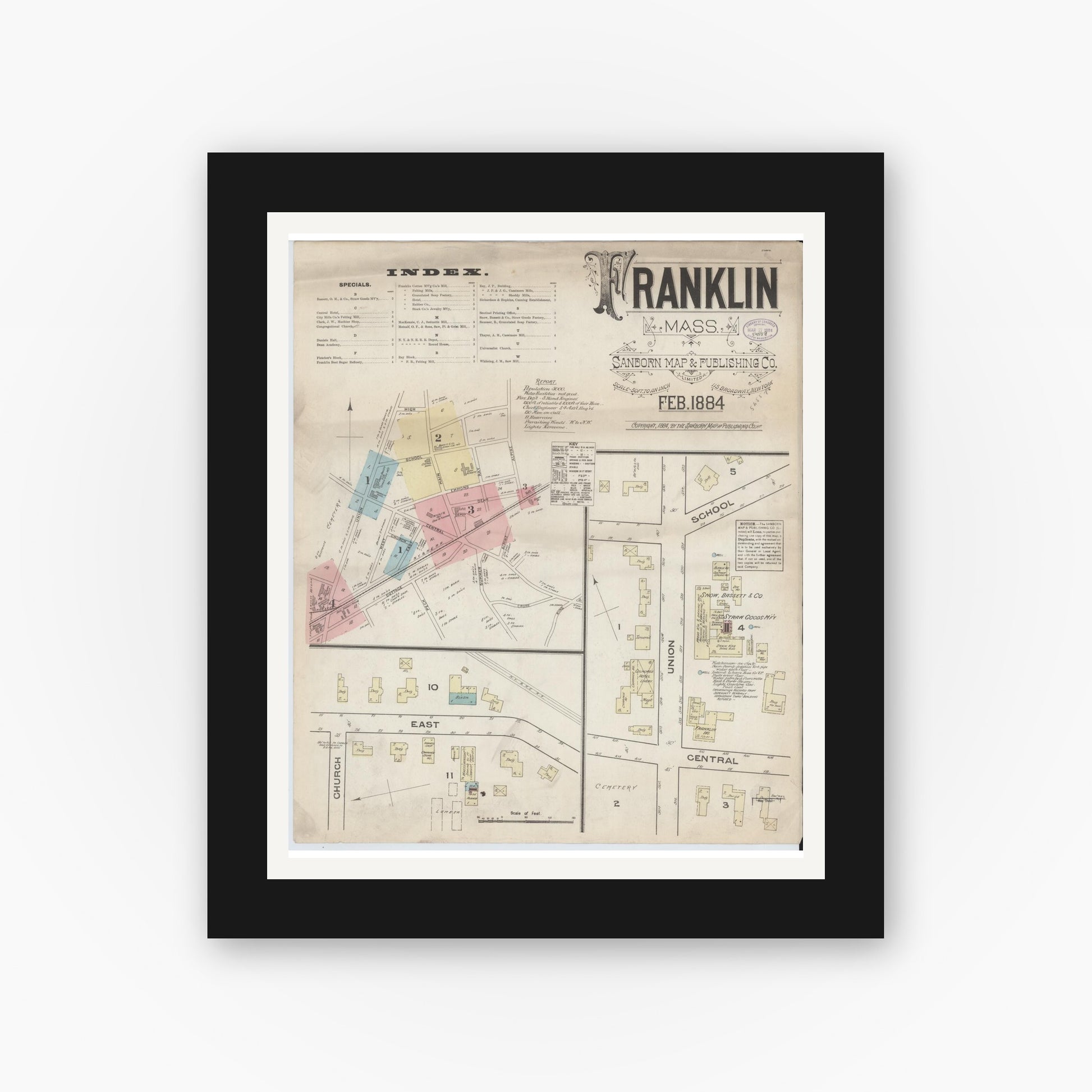 Old map wall art mockup — black gallery frame with white mat — Sanborn Fire Insurance Map from Franklin, Norfolk County, Massachusetts (1884), Sheet #0001