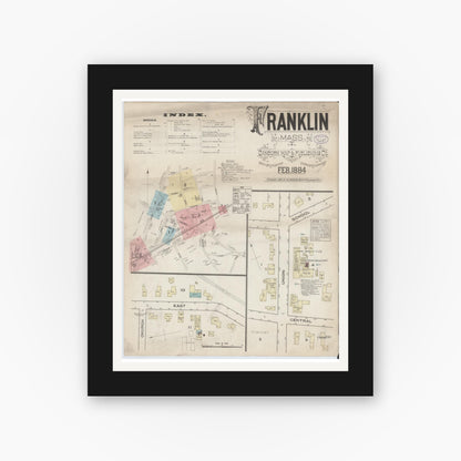 Old map wall art mockup — black gallery frame with white mat — Sanborn Fire Insurance Map from Franklin, Norfolk County, Massachusetts (1884), Sheet #0001