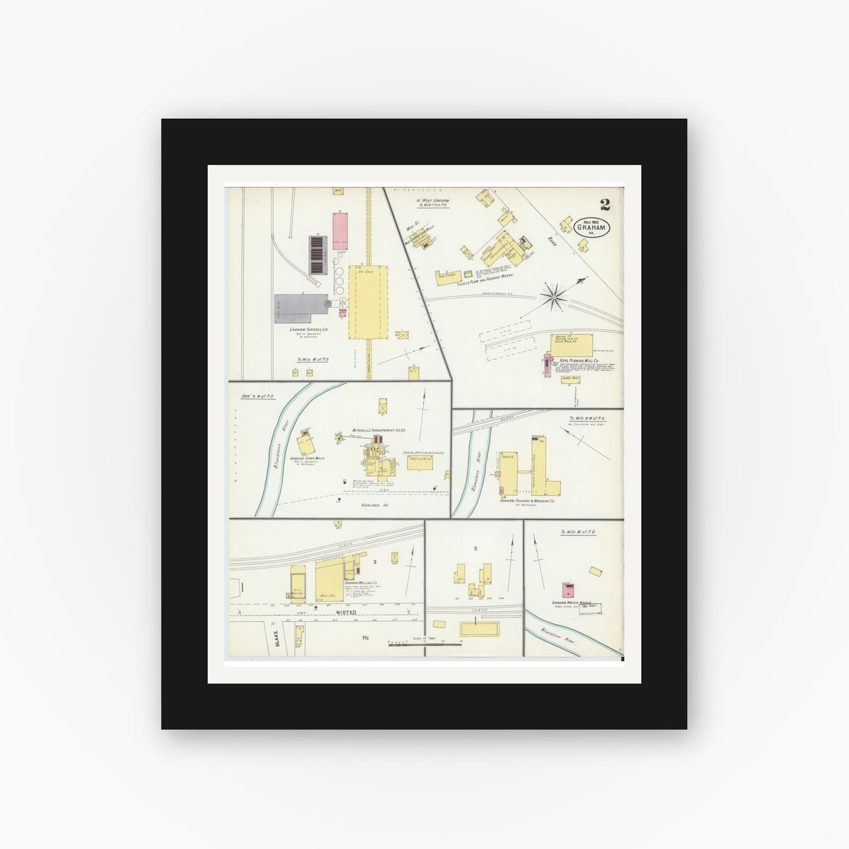 Old map wall art mockup — black gallery frame with white mat — Sanborn Fire Insurance Map from Graham, Tazewell County, Virginia (1903), Sheet #0002
