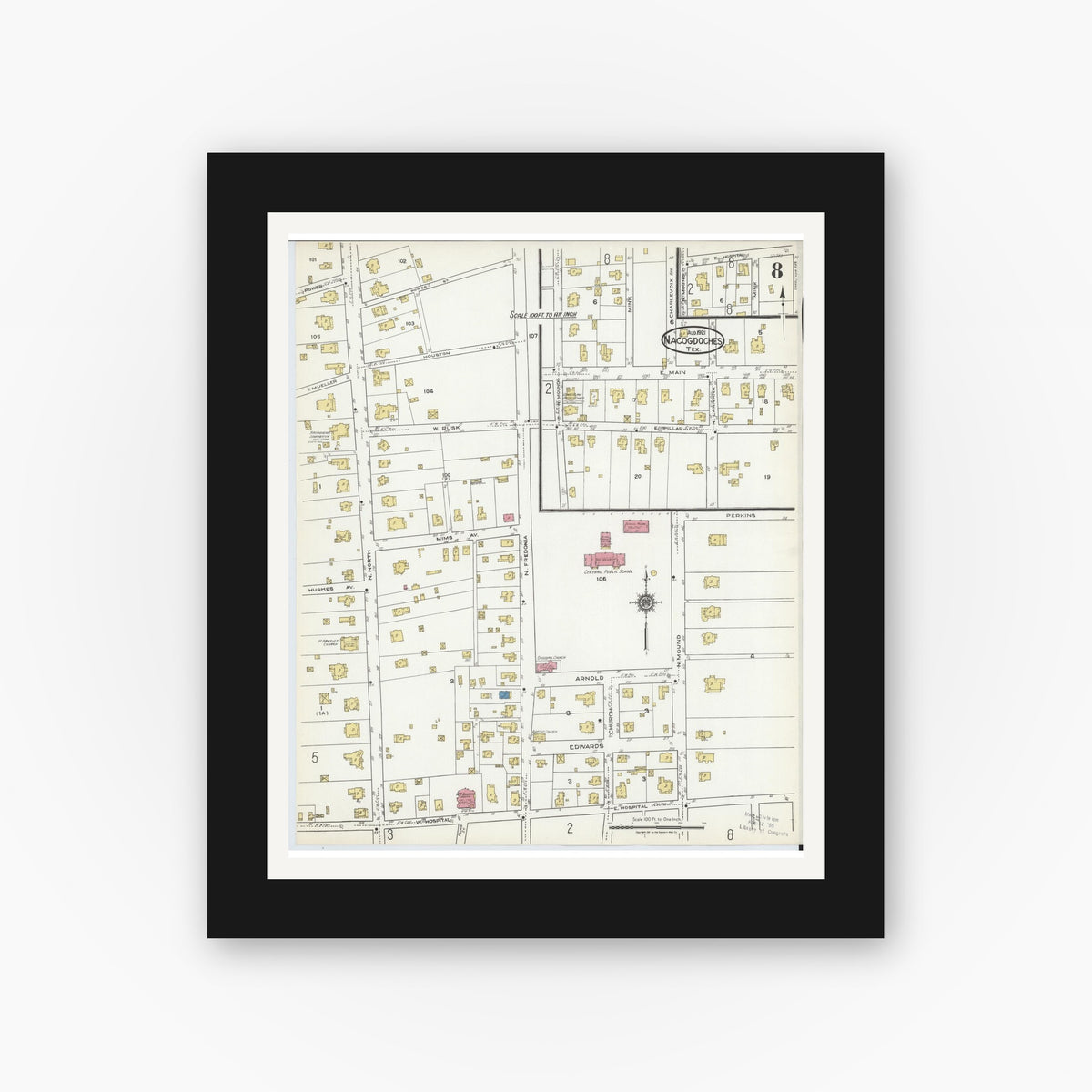 Old map wall art mockup — black gallery frame with white mat — Sanborn Fire Insurance Map from Nacogdoches, Nacogdoches County, Texas (1921), Sheet #0008