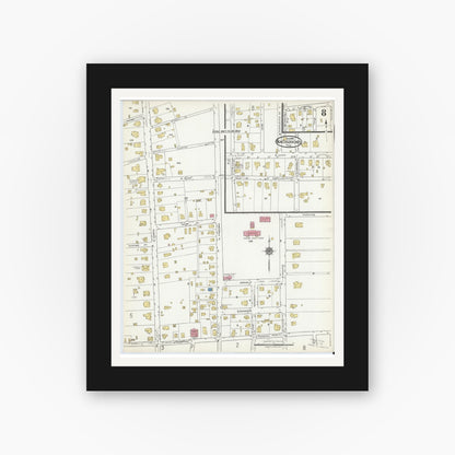 Old map wall art mockup — black gallery frame with white mat — Sanborn Fire Insurance Map from Nacogdoches, Nacogdoches County, Texas (1921), Sheet #0008