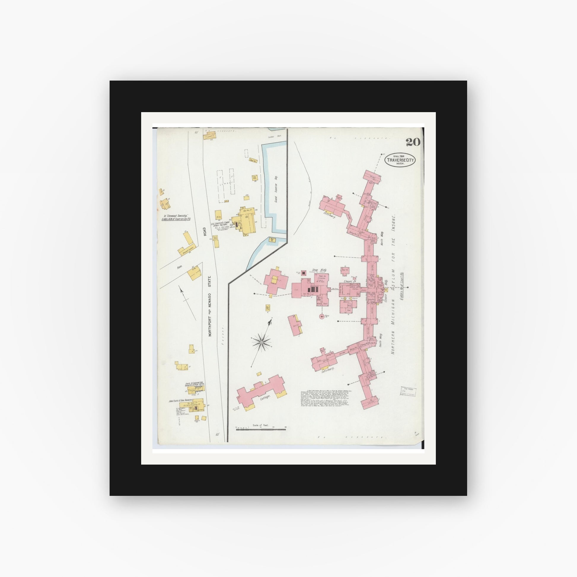 Old map wall art mockup — black gallery frame with white mat — Sanborn Fire Insurance Map from Traverse City, Grand Traverse County, Michigan (1904), Sheet #0020