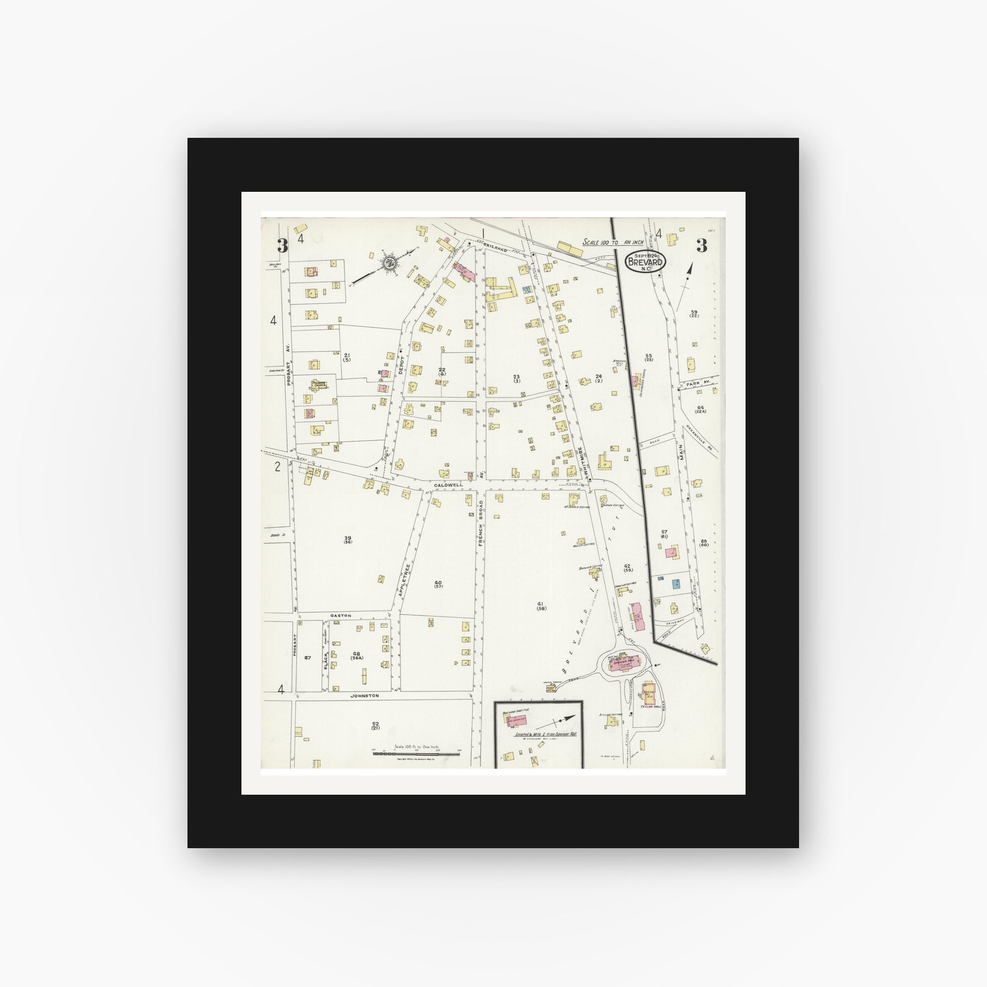 Old map wall art mockup — black gallery frame with white mat — Sanborn Fire Insurance Map from Brevard, Transylvania County, North Carolina (1924), Sheet #0003