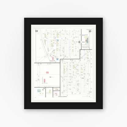Old map wall art mockup — black gallery frame with white mat — Sanborn Fire Insurance Map from Webster City, Hamilton County, Iowa (1938), Sheet #0013