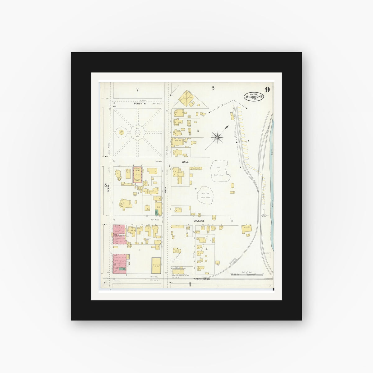 Old map wall art mockup — black gallery frame with white mat — Sanborn Fire Insurance Map from Beaumont, Jefferson County, Texas (1904), Sheet #0009