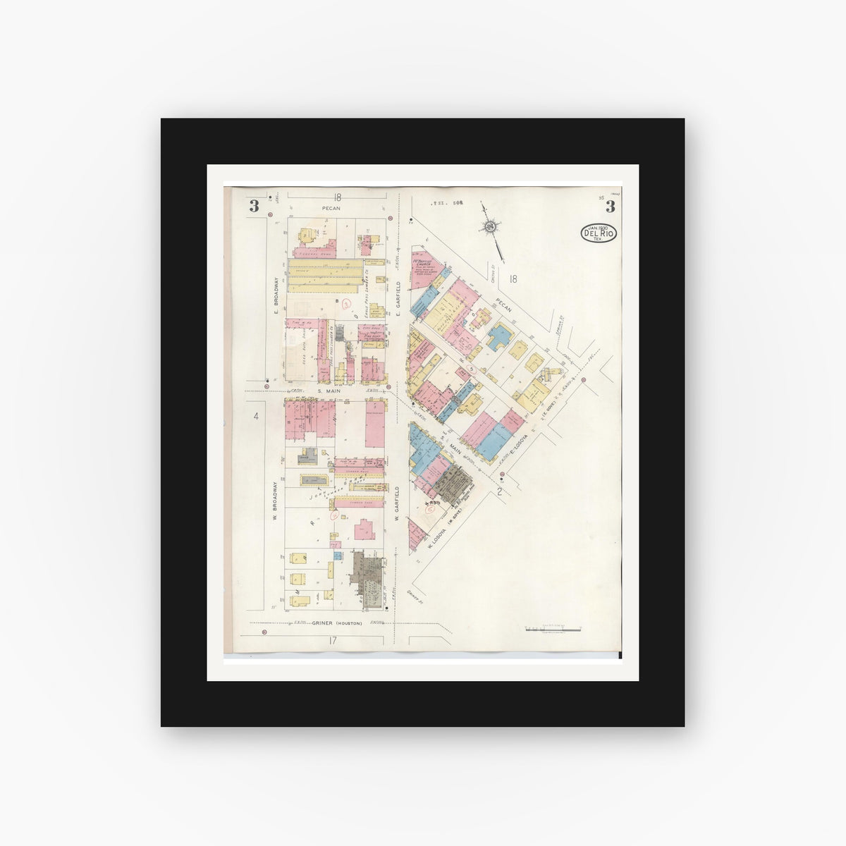 Old map wall art mockup — black gallery frame with white mat — Sanborn Fire Insurance Map from Del Rio, Val Verde County, Texas (1948), Sheet #0003