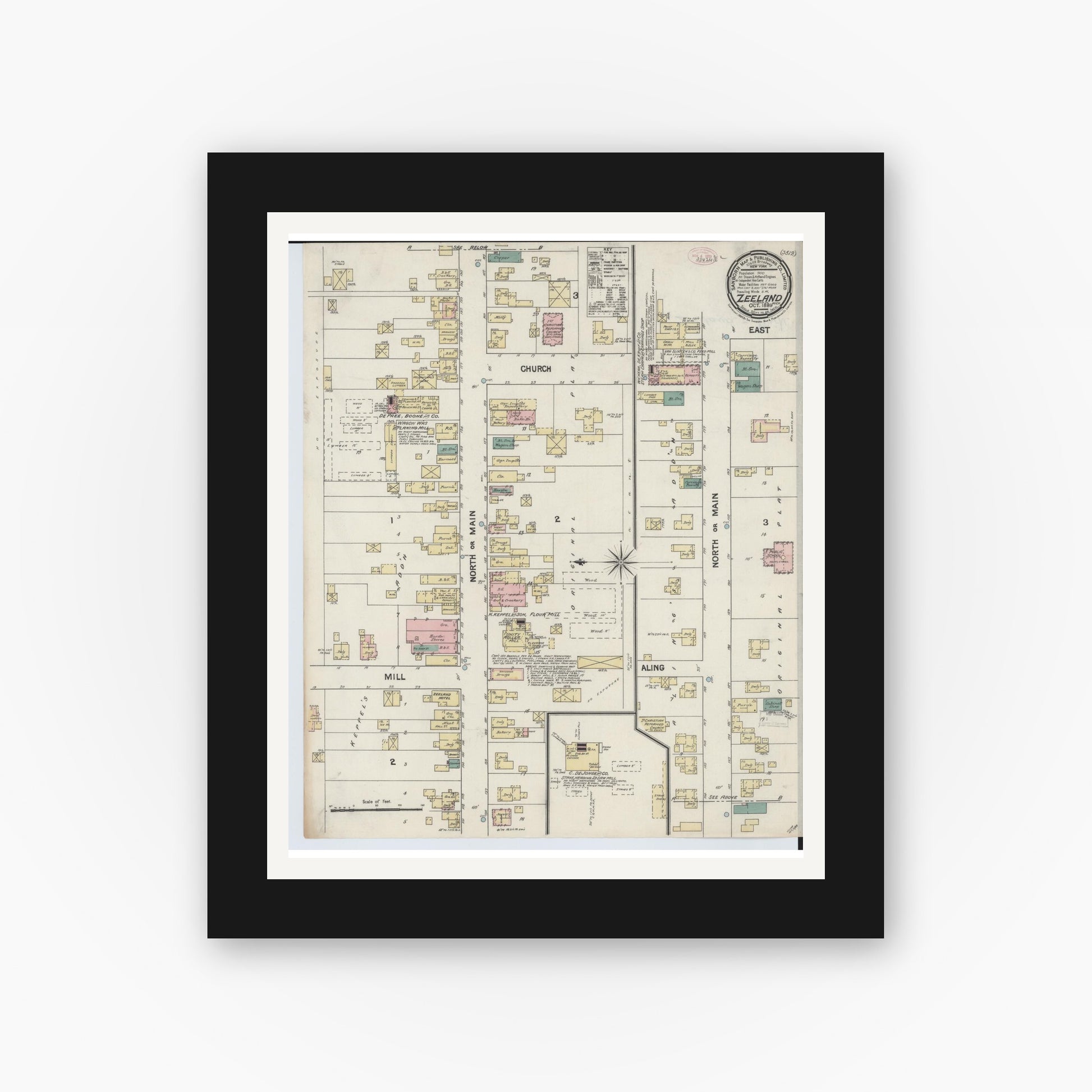 Old map wall art mockup — black gallery frame with white mat — Sanborn Fire Insurance Map from Zeeland, Ottawa County, Michigan (1889), Sheet #0001