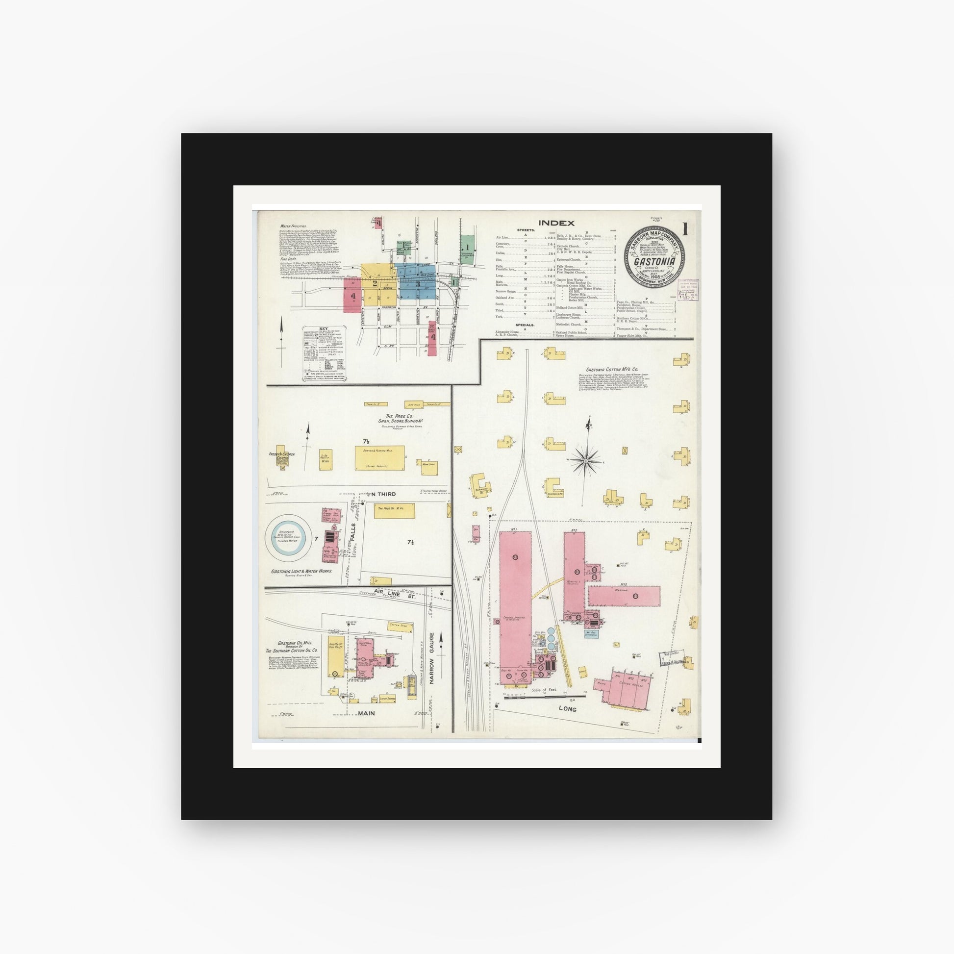Old map wall art mockup — black gallery frame with white mat — Sanborn Fire Insurance Map from Gastonia, Gaston County, North Carolina (1908), Sheet #0001