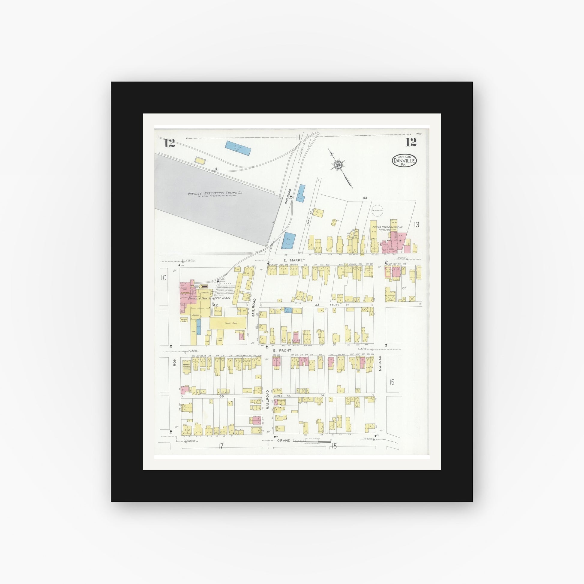Old map wall art mockup — black gallery frame with white mat — Sanborn Fire Insurance Map from Danville, Montour County, Pennsylvania (1930), Sheet #0012