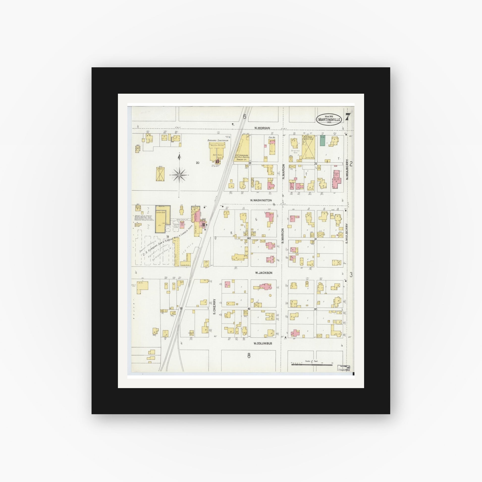 Old map wall art mockup — black gallery frame with white mat — Sanborn Fire Insurance Map from Martinsville, Morgan County, Indiana (1902), Sheet #0007